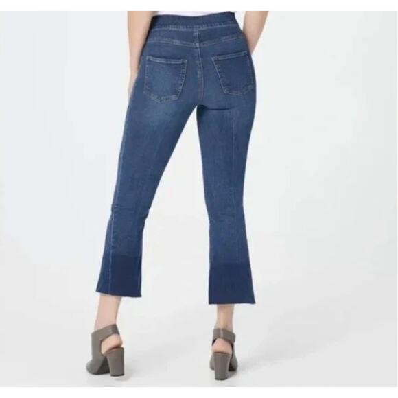 Spanx Jean Small Petite Cropped Flare Denim Colorblock Medium Wash Casual Office - Picture 5 of 15